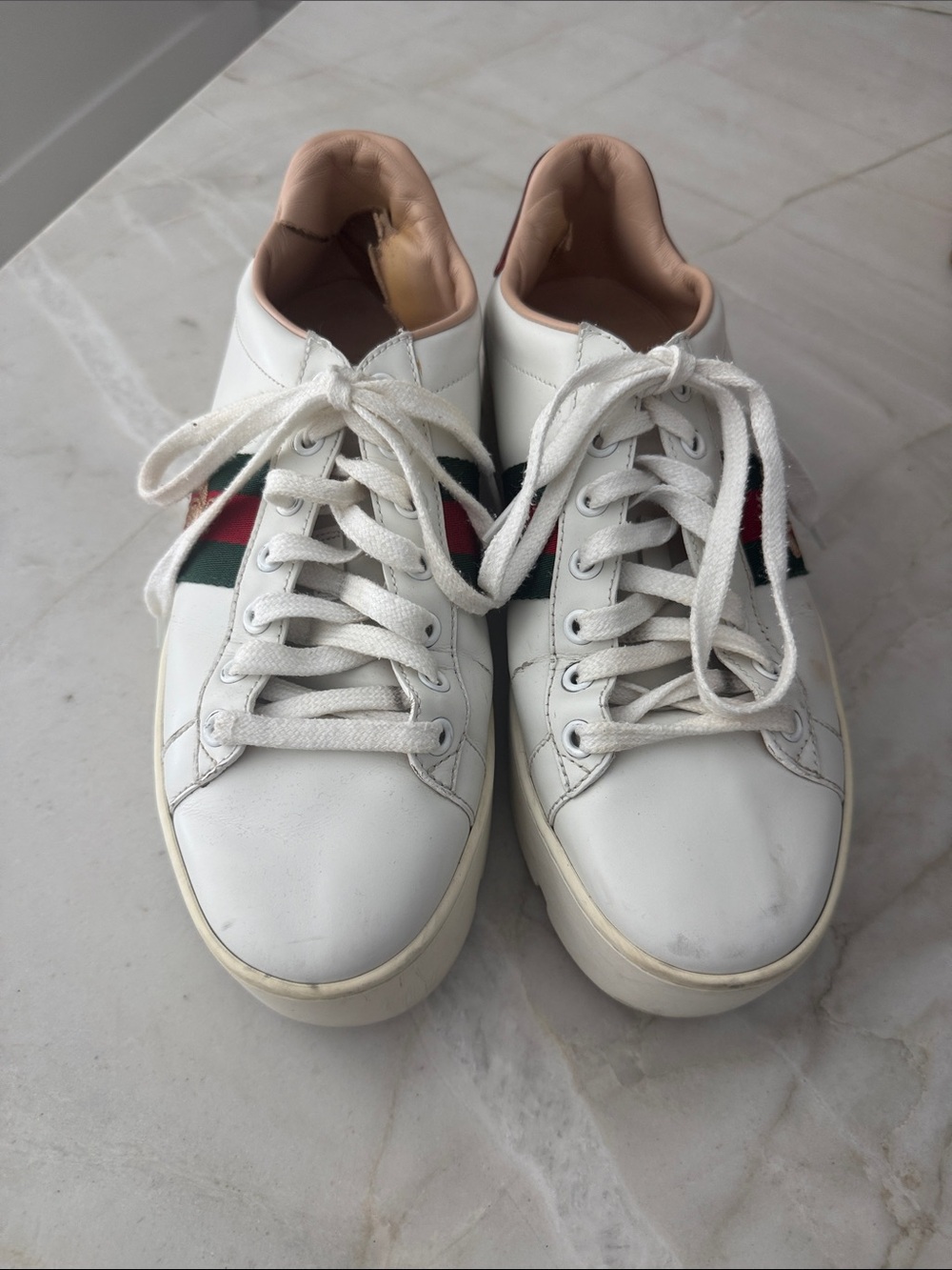 Gucci White Leather Sneakers with Green and Red Web